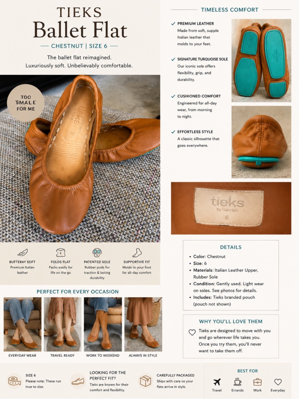Tieks Ballet Flat in Chestnut Size 6